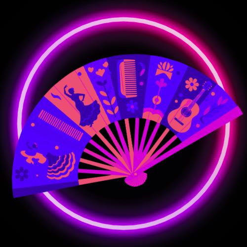 abanico bajo luz negra en el born, colores fluorescentes