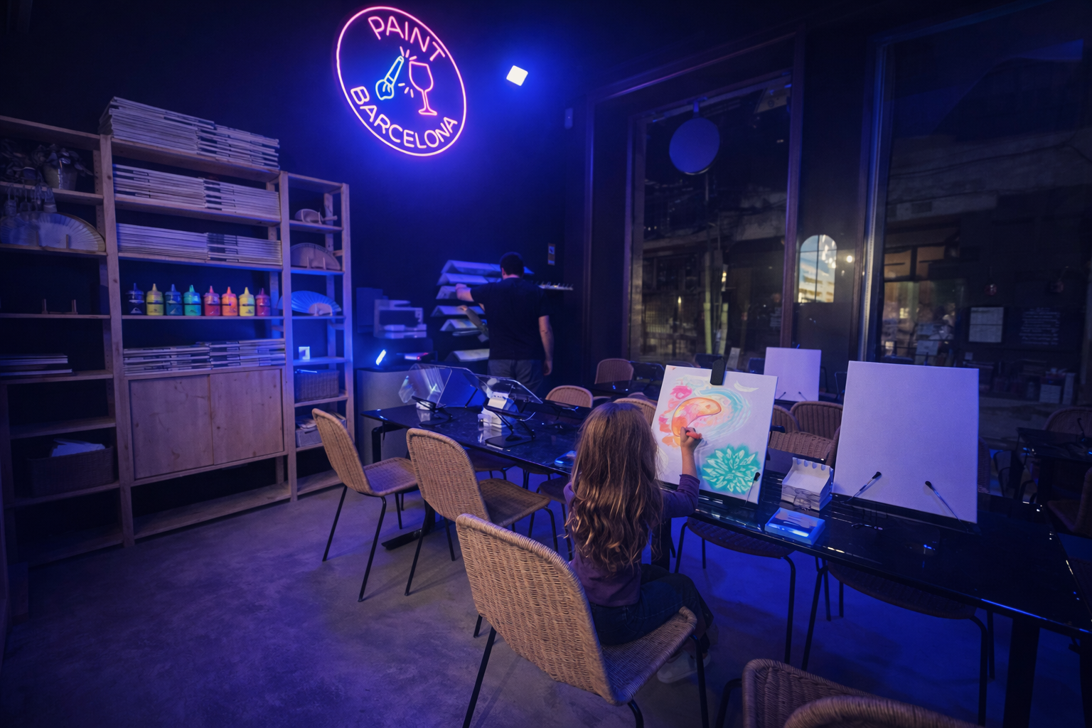 actividad creativa en Barcelona pintando cuadros neón bajo luz UV